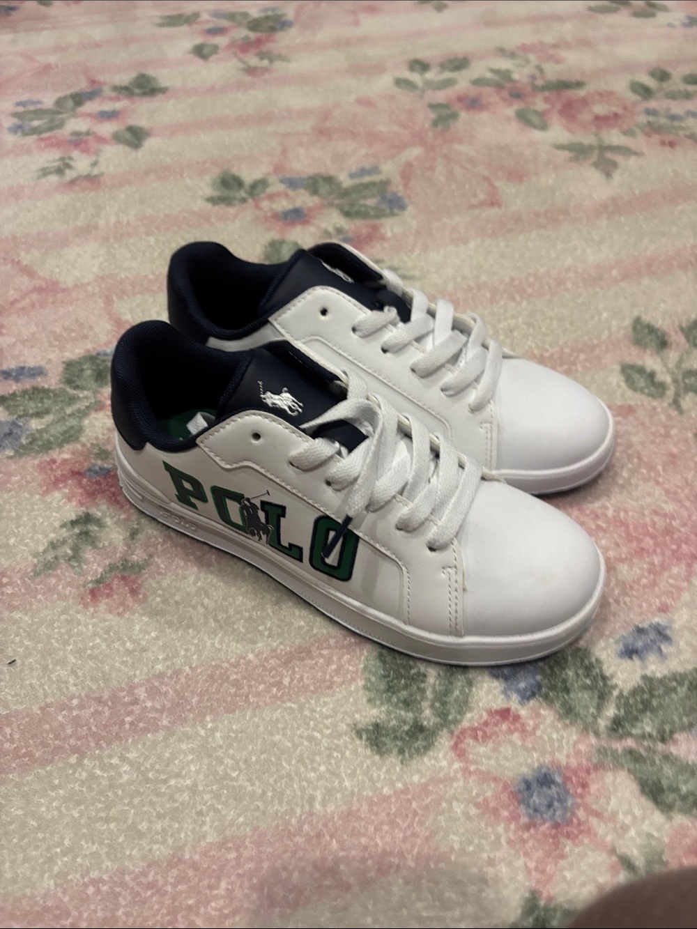 Boys Polo by Ralph Lauren White Sneakers with Navy Trim and Green Logo